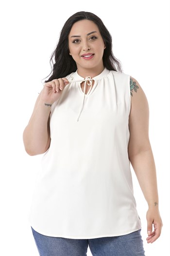 Plus Size Sleeveless White Blouse with Tie-Down Collar High Collar and Side Slits