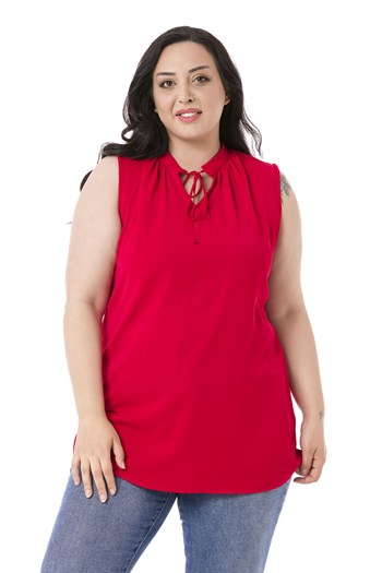 Plus Size Sleeveless Red Blouse with Tie-Down Collar High Collar and Side Slits