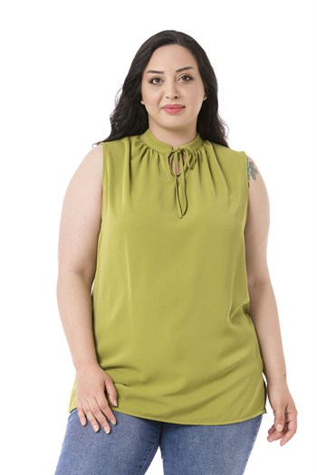 Plus Size Sleeveless Green Blouse with Tie-Down Collar High Collar and Side Slits
