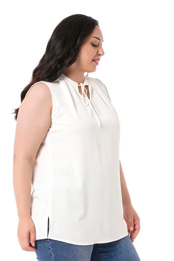 Plus Size Sleeveless White Blouse with Tie-Down Collar High Collar and Side Slits