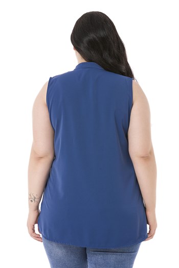 Plus Size Sleeveless İndigo Blouse with Tie-Down Collar High Collar and Side Slits