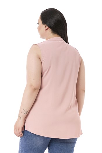 Plus Size Sleeveless Light Pink Blouse with Tie-Down Collar High Collar and Side Slits