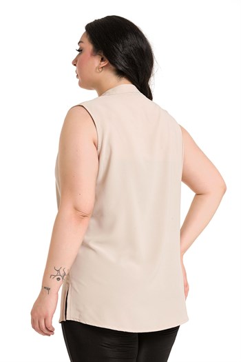 Plus Size Sleeveless Beige Blouse with Tie-Down Collar High Collar and Side Slits