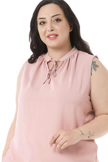 Plus Size Sleeveless Light Pink Blouse with Tie-Down Collar High Collar and Side Slits