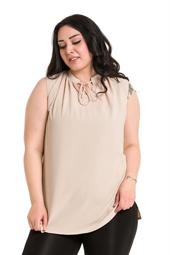 Plus Size Sleeveless Beige Blouse with Tie-Down Collar High Collar and Side Slits