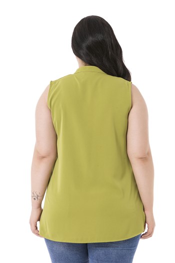 Plus Size Sleeveless Green Blouse with Tie-Down Collar High Collar and Side Slits