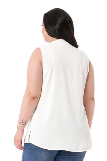 Plus Size Sleeveless White Blouse with Tie-Down Collar High Collar and Side Slits