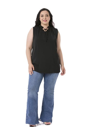 Plus Size Sleeveless Black Blouse with Tie-Down Collar High Collar and Side Slits