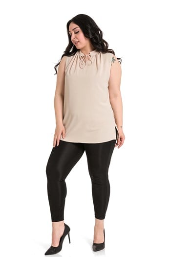 Plus Size Sleeveless Beige Blouse with Tie-Down Collar High Collar and Side Slits