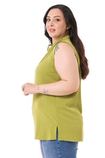 Plus Size Sleeveless Green Blouse with Tie-Down Collar High Collar and Side Slits