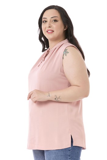 Plus Size Sleeveless Light Pink Blouse with Tie-Down Collar High Collar and Side Slits