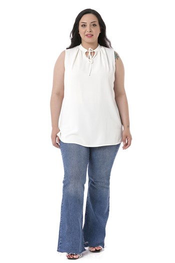 Plus Size Sleeveless White Blouse with Tie-Down Collar High Collar and Side Slits