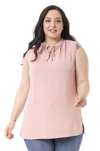 Plus Size Sleeveless Light Pink Blouse with Tie-Down Collar High Collar and Side Slits