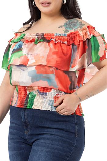 Plus Size Satin Red Blouse with Double Layer Ruffle Collar and Elastic Waistband