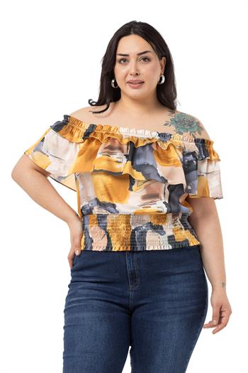 Plus Size Satin Mustard Blouse with Double Layer Ruffle Collar and Elastic Waistband