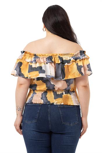 Plus Size Satin Mustard Blouse with Double Layer Ruffle Collar and Elastic Waistband