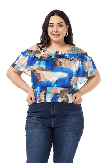 Plus Size Satin Blue Blouse with Double Layer Ruffle Collar and Elastic Waistband