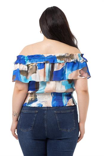 Plus Size Satin Blue Blouse with Double Layer Ruffle Collar and Elastic Waistband