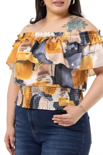 Plus Size Satin Mustard Blouse with Double Layer Ruffle Collar and Elastic Waistband
