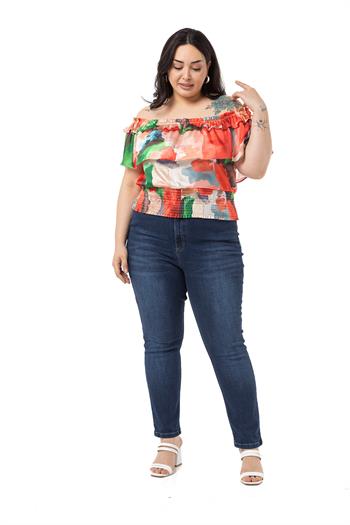 Plus Size Satin Red Blouse with Double Layer Ruffle Collar and Elastic Waistband