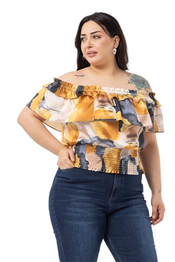 Plus Size Satin Mustard Blouse with Double Layer Ruffle Collar and Elastic Waistband