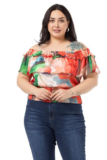 Plus Size Satin Red Blouse with Double Layer Ruffle Collar and Elastic Waistband