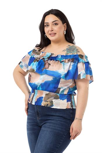 Plus Size Satin Blue Blouse with Double Layer Ruffle Collar and Elastic Waistband