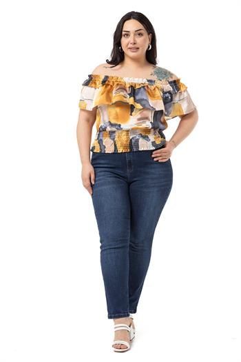 Plus Size Satin Mustard Blouse with Double Layer Ruffle Collar and Elastic Waistband
