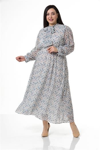 Plus Size Chiffon Long White Dress with Scarf Collar Elastic Waist Shawl Pattern Lined