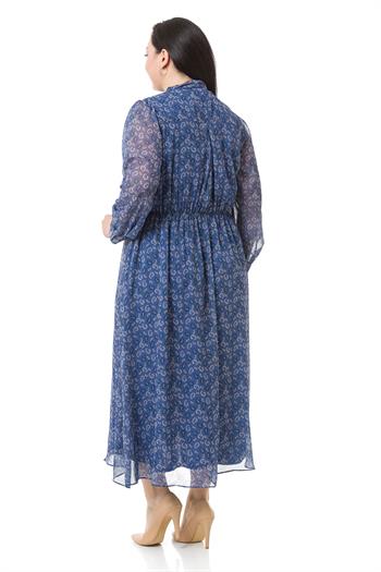 Plus Size Chiffon Long Navy Blue Dress with Scarf Collar Elastic Waist Shawl Pattern Lined