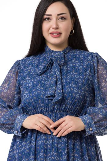 Plus Size Chiffon Long Navy Blue Dress with Scarf Collar Elastic Waist Shawl Pattern Lined