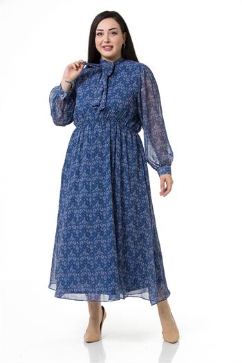 Plus Size Chiffon Long Navy Blue Dress with Scarf Collar Elastic Waist Shawl Pattern Lined