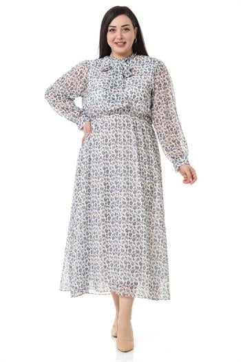 Plus Size Chiffon Long White Dress with Scarf Collar Elastic Waist Shawl Pattern Lined