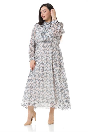 Plus Size Chiffon Long White Dress with Scarf Collar Elastic Waist Shawl Pattern Lined