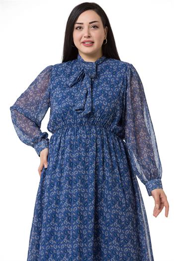 Plus Size Chiffon Long Navy Blue Dress with Scarf Collar Elastic Waist Shawl Pattern Lined