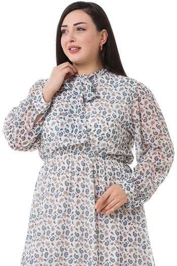 Plus Size Chiffon Long White Dress with Scarf Collar Elastic Waist Shawl Pattern Lined