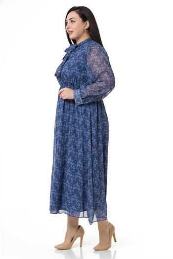 Plus Size Chiffon Long Navy Blue Dress with Scarf Collar Elastic Waist Shawl Pattern Lined