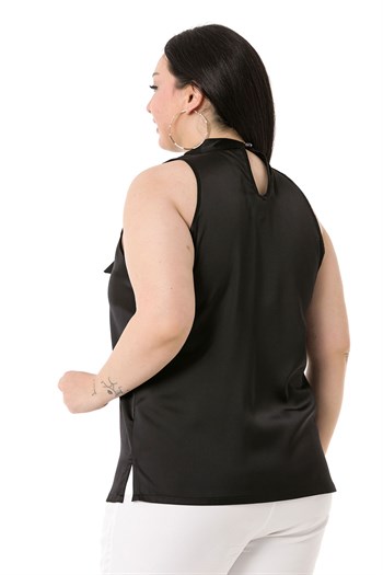 Plus Size Satin Black Blouse with Scarf Collar and Side Slits