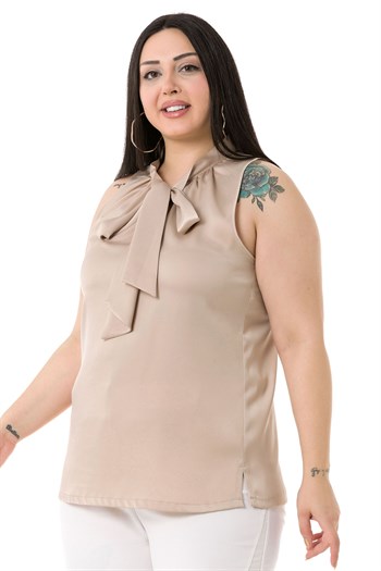 Plus Size Satin Beige Blouse with Scarf Collar and Side Slits