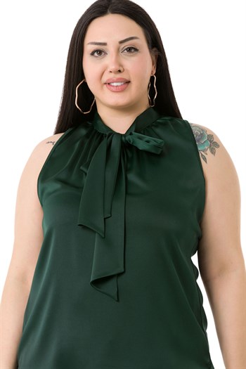 Plus Size Satin Emerald Blouse with Scarf Collar and Side Slits