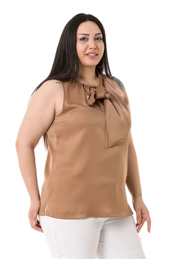Plus Size Satin Mink Blouse with Scarf Collar and Side Slits