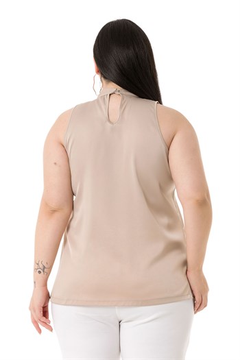Plus Size Satin Beige Blouse with Scarf Collar and Side Slits