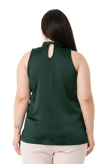 Plus Size Satin Emerald Blouse with Scarf Collar and Side Slits