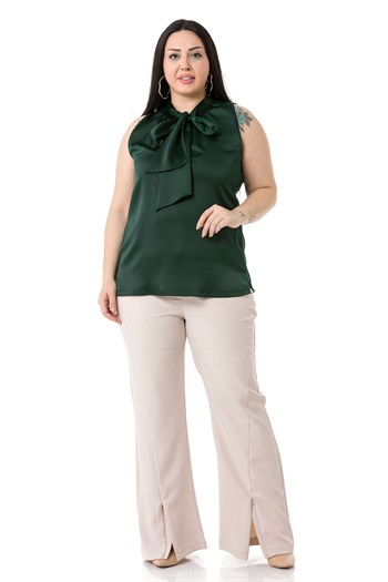 Plus Size Satin Emerald Blouse with Scarf Collar and Side Slits