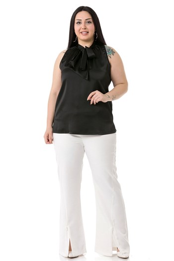 Plus Size Satin Black Blouse with Scarf Collar and Side Slits