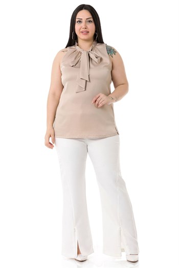 Plus Size Satin Beige Blouse with Scarf Collar and Side Slits
