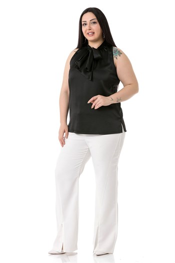 Plus Size Satin Black Blouse with Scarf Collar and Side Slits