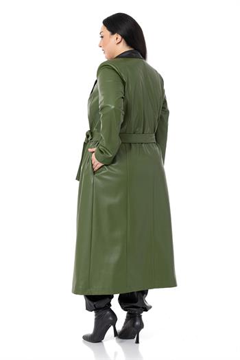 Büyük Beden Yakası Garnili Yandan Cepli Astarlı Deri Haki Uzun Kaban