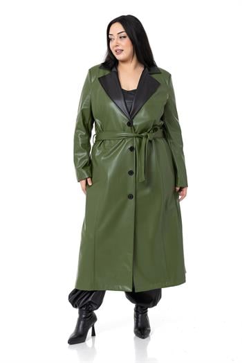 Büyük Beden Yakası Garnili Yandan Cepli Astarlı Deri Haki Uzun Kaban