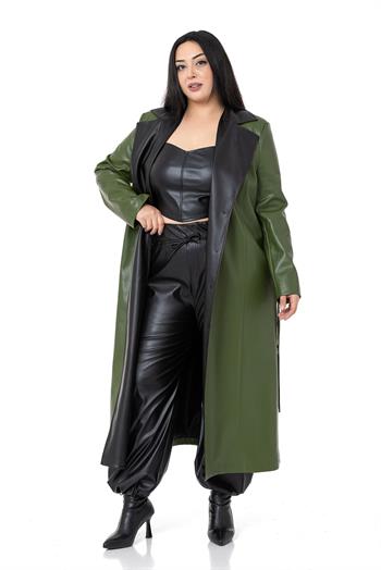 Büyük Beden Yakası Garnili Yandan Cepli Astarlı Deri Haki Uzun Kaban